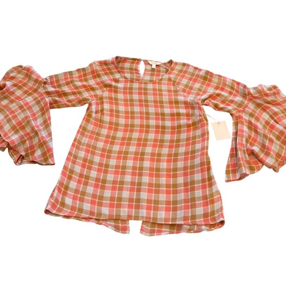 Lauren Conrad Womens Pink & Orange Plaid Bell Sleeve Blouse With Back Slit - Picture 3 of 15